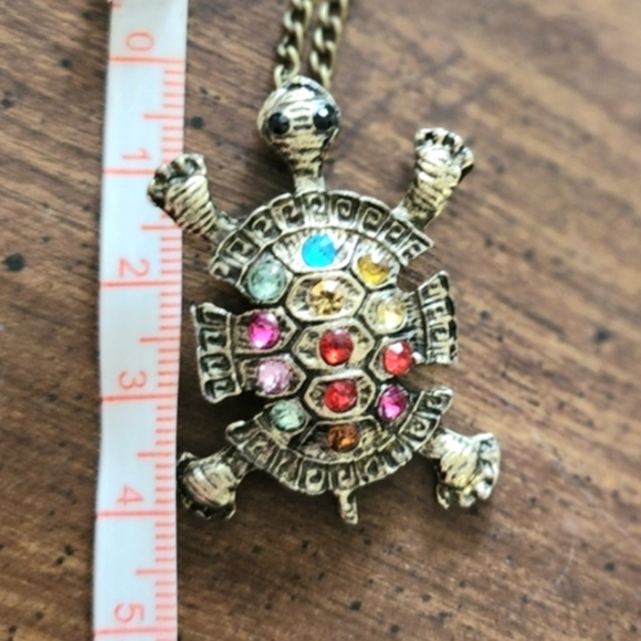 TURTLE Long Sweater Necklace Bronze & Colorful Rainbow Crystal Rhinestones - Picture 7 of 9